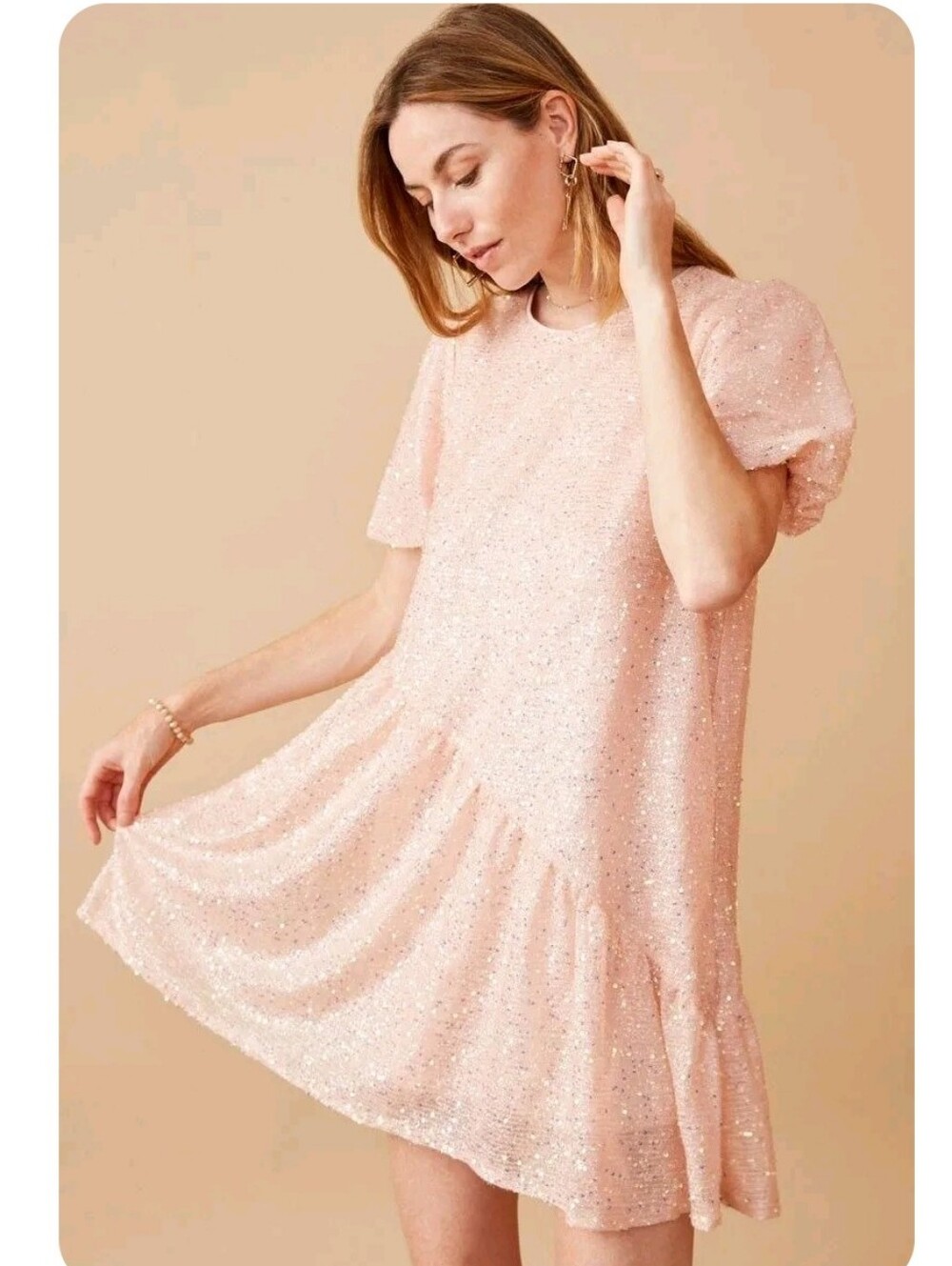 Hayden Pink Sequined Asymmetric Hem Puff Sleeve Dress Sz Large
